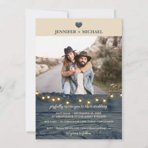 Rustic Navy Barn Wood Wedding Photo Invitation