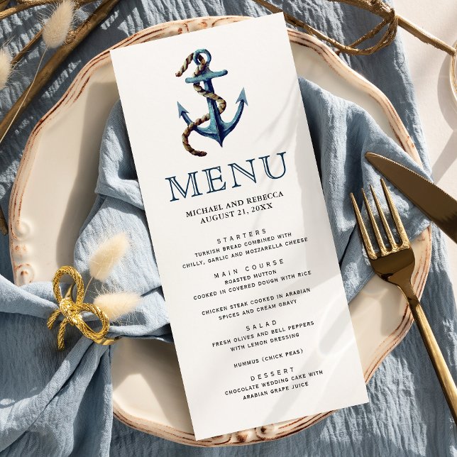 Rustic Navy Blue Anchor Rope Nautical Wedding Menu (Creator Uploaded)
