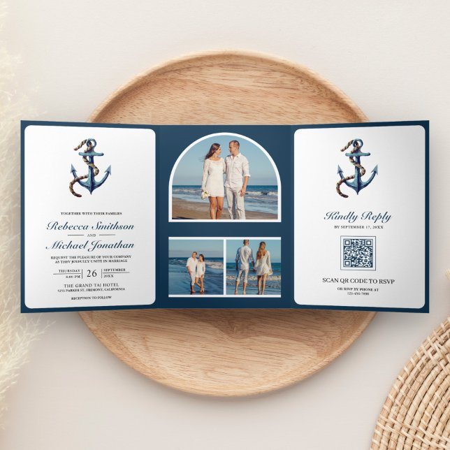 Rustic Navy Blue Anchor Rope Photo QR Code Wedding Tri-Fold Invitation (Creator Uploaded)