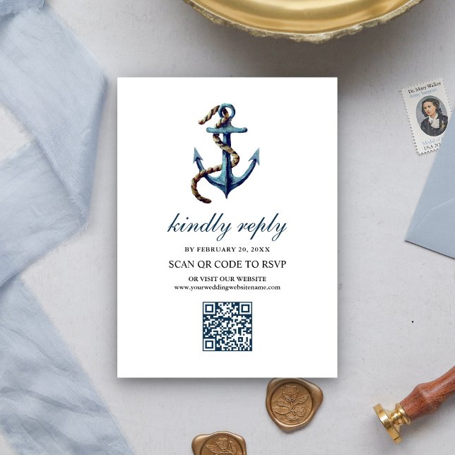 Rustic Navy Blue Anchor Rope QR Code RSVP Wedding Enclosure Card (Creator Uploaded)