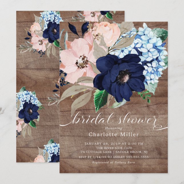 Rustic Navy Blue and Blush Flowers Bridal Shower Invitation (Front/Back)