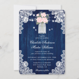 Rustic Navy Blue and Blush Wood Lace Wedding Invitation