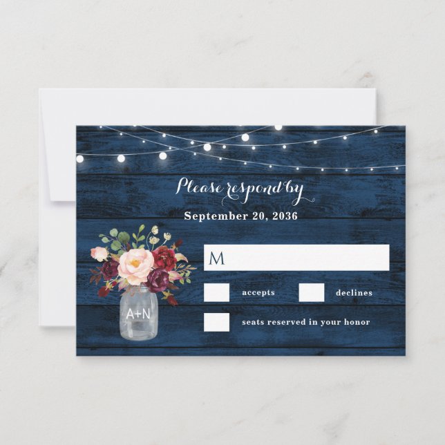 Rustic Navy Blue and Burgundy Blush Floral Wedding RSVP Card (Front)