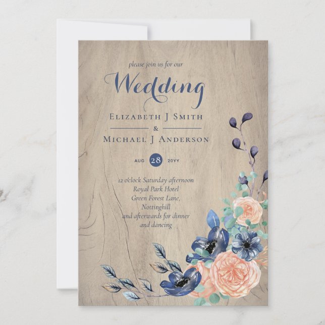 Rustic Navy Blue and Orange Wedding Woodland (Front)