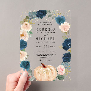 Rustic Navy Blue and Peach Floral Pumpkin Wedding Acrylic Invitations