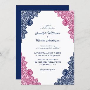 Rustic Navy Blue and Pink Floral Lace Wedding Invitation