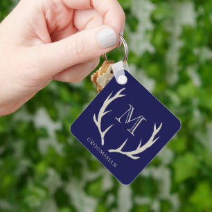 Rustic Navy Blue Antler Custom Groomsmen Gift Keychain