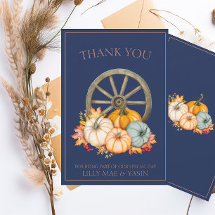 Rustic Navy Blue Autumn Fall Pumpkins Wedding Thank You Card