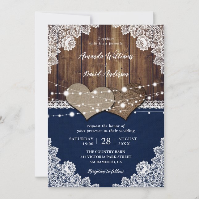 Rustic Navy Blue Barn Wood Burlap Lace Wedding Invitation (Front)