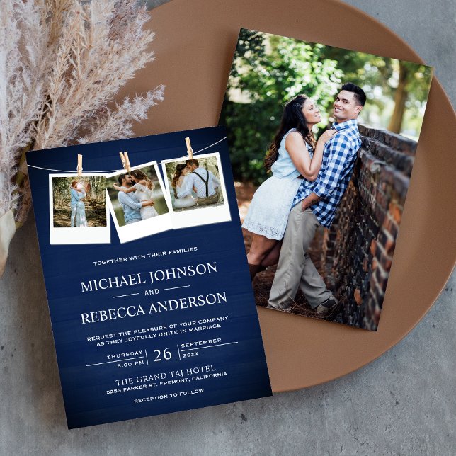 Rustic Navy Blue Barn Wood Photo Collage Wedding Invitation (Creator Uploaded)