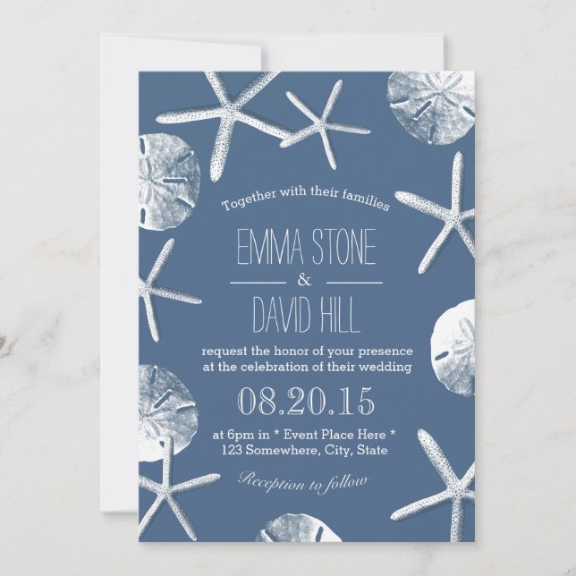 Rustic Navy Blue Beach Theme Wedding Invitations (Front)