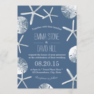 Rustic Navy Blue Beach Theme Wedding Invitations