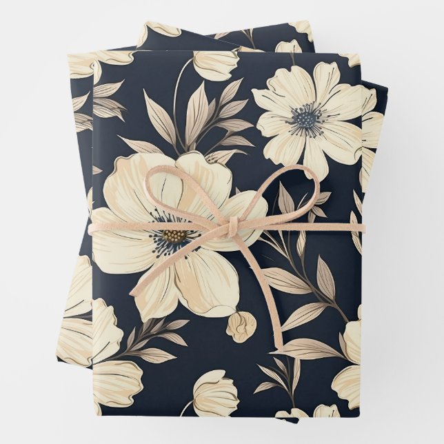 Rustic Navy Blue Beige Wildflower Meadow Dark Flor Wrapping Paper Sheet (In situ)