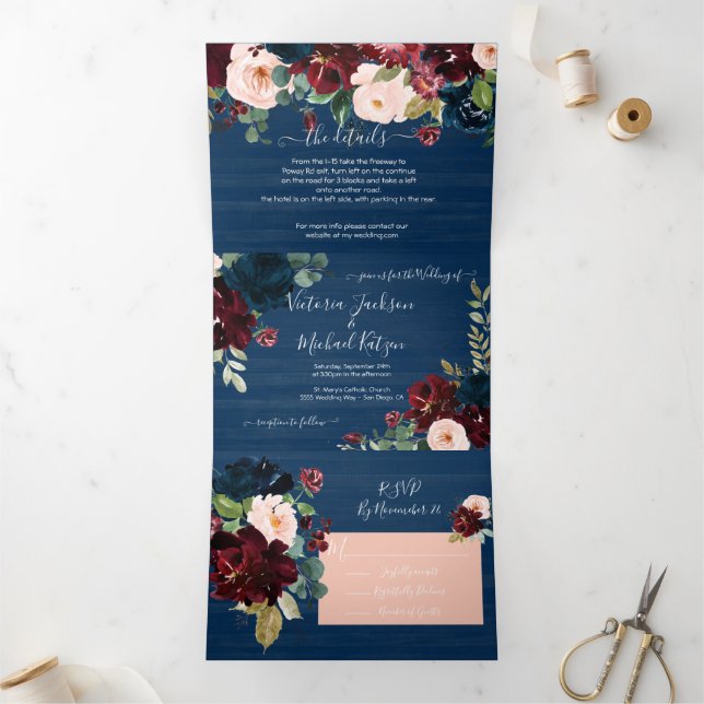Rustic Navy Blue Blush & Burgundy Floral Wedding Tri-Fold Invitation (Inside)