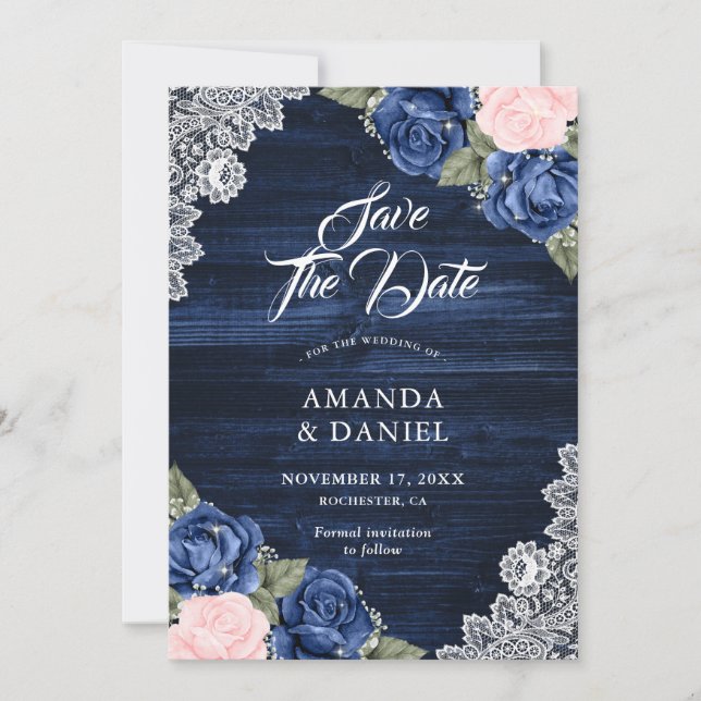 Rustic Navy Blue Blush Wood Lace Floral Wedding Save The Date (Front)