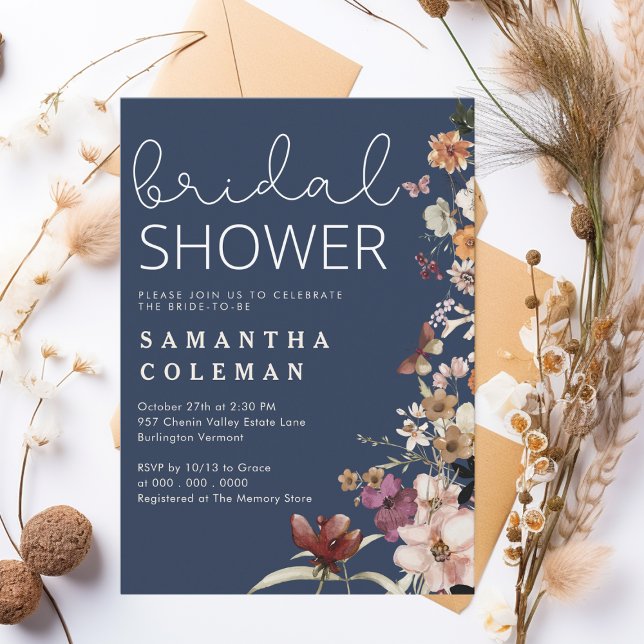 Rustic Navy Blue Boho Wildfolwer Bridal Shower Invitation (Creator Uploaded)