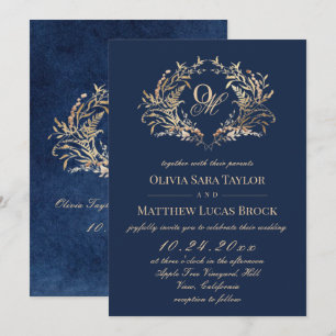 Rustic Navy Blue Botanical Faux Velvet Wedding Invitation
