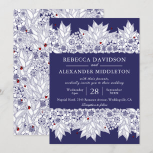 Rustic Navy Blue Botanical Wedding Invitation