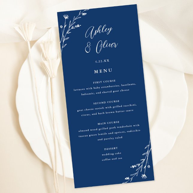 Rustic Navy Blue Botanical Wedding Menu Card (Creator Uploaded)