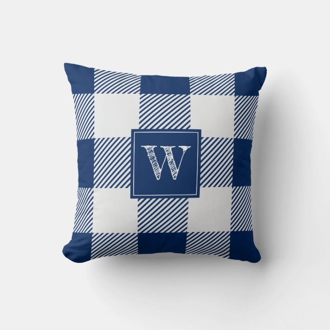 Rustic Navy Blue Buffalo Plaid Check Monogram Throw Pillow (Front)