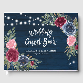 Rustic Navy Blue Burgundy Blush Floral Wedding Guest Book