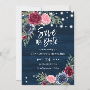 Rustic Navy Blue Burgundy Blush Floral Wedding Save The Date