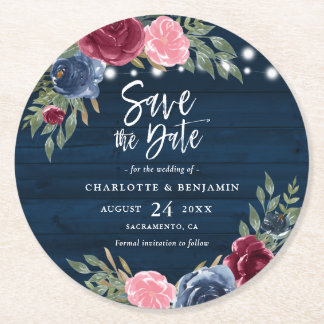 Rustic Navy Blue Burgundy Floral Save The Date Round Paper Coaster