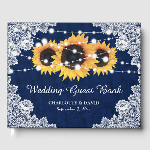 Rustic Navy Blue Burlap and Lace Sunflower Wedding Guest Book