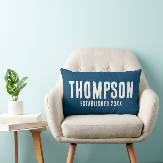 Rustic Navy Blue Burlap Family Name Wedding Year Lumbar Pillow (Chair)