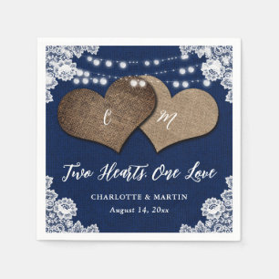 Rustic Navy Blue Burlap Lace String Lights Wedding Napkin