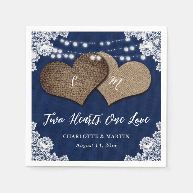 Rustic Navy Blue Burlap Lace String Lights Wedding Napkin (Front)