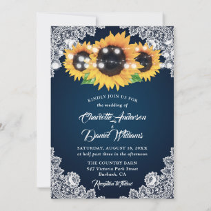 Rustic Navy Blue Burlap Lace Sunflower Wedding Invitation