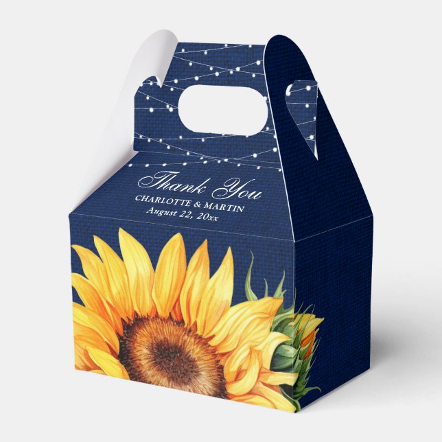 Rustic Navy Blue Burlap Sunflower Wedding Favor Box (Front Side)