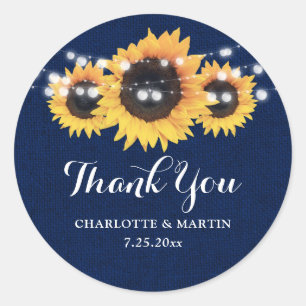 Rustic Navy Blue Burlap Sunflower Wedding Favour Classic Round Sticker