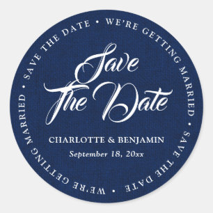 Rustic Navy Blue Burlap Wedding Save The Date Classic Round Sticker