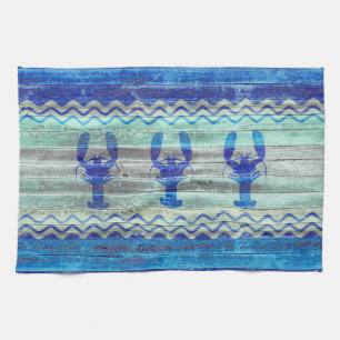 Rustic Navy Blue Coastal Decor Lobsters Kitchen Towel