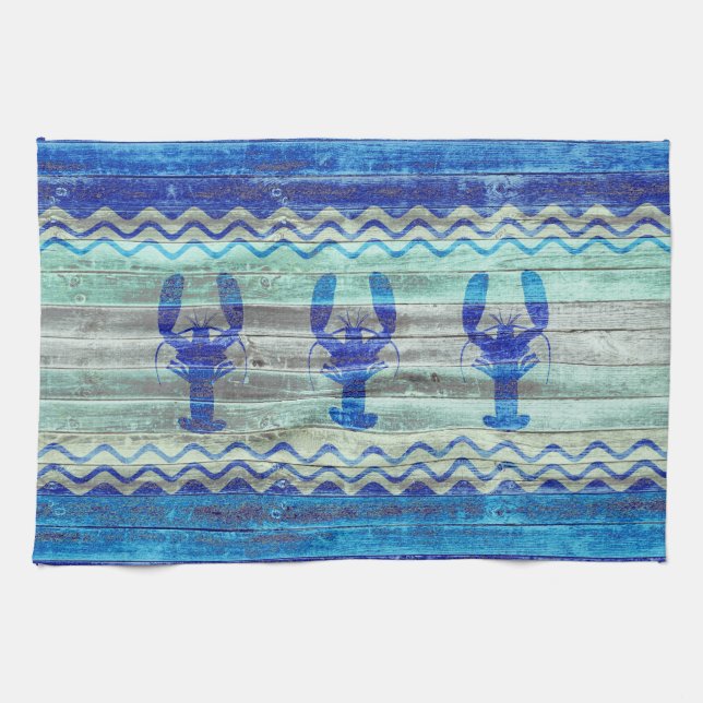 Rustic Navy Blue Coastal Decor Lobsters Kitchen Towel (Horizontal)
