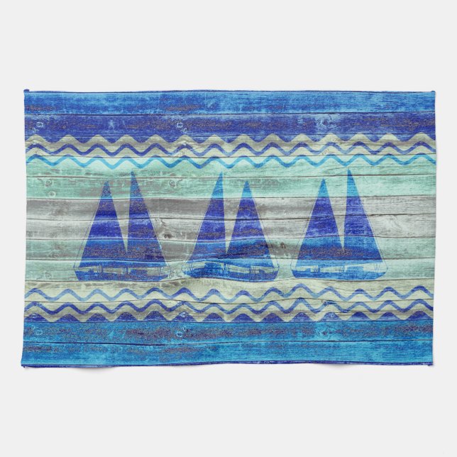 Rustic Navy Blue Coastal Decor Sailboats Kitchen Towel (Horizontal)