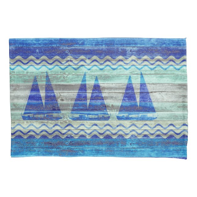 Rustic Navy Blue Coastal Decor Sailboats Pillowcase (Front)