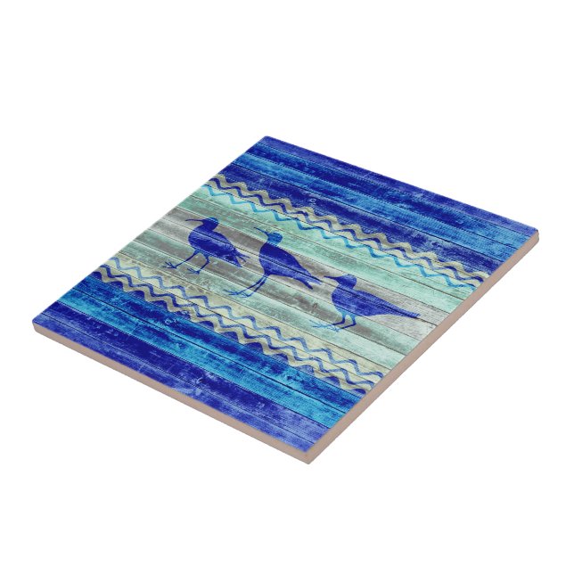 Rustic Navy Blue Coastal Decor Sandpipers Tile (Side)