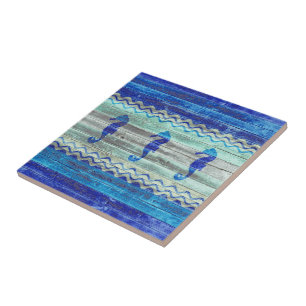 Rustic Navy Blue Coastal Decor Seahorses Tile