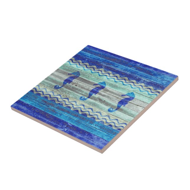 Rustic Navy Blue Coastal Decor Seahorses Tile (Side)