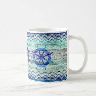 Rustic Navy Blue Coastal Decor Ship Wheels Coffee Mug