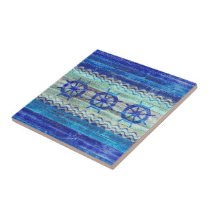Rustic Navy Blue Coastal Decor Ship Wheels Tile