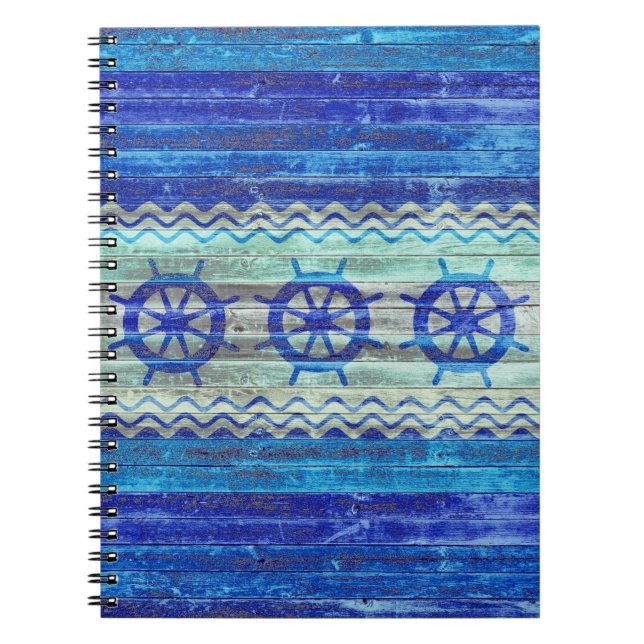 Rustic Navy Blue Coastal Ship Wheels Notebook (Front)