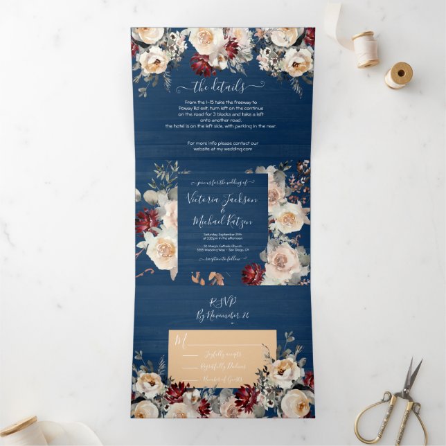 Rustic Navy Blue Cream Burgundy & Peach Wedding Tri-Fold Invitation (Inside)