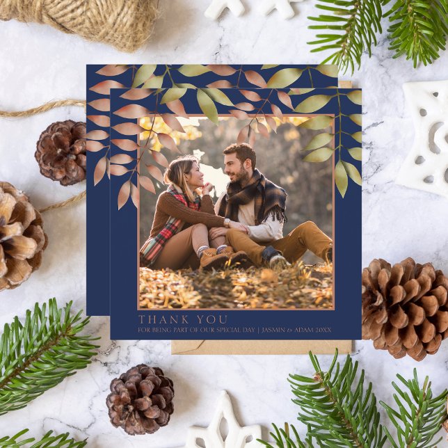 Rustic Navy Blue Fall Autumn Leaves Photo Wedding Thank You Card (Creator Uploaded)