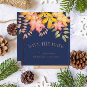 Rustic Navy Blue Fall Autumn Leaves Wedding Save The Date