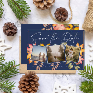 Rustic Navy Blue Fall Leaves Three Photo Wedding Save The Date