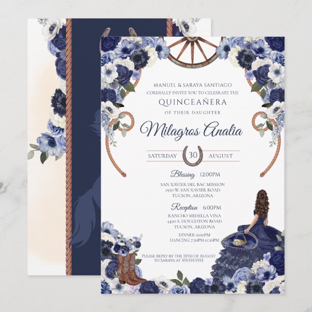 Rustic Navy Blue Flora Western Charro Quinceanera  Invitation (Front/Back)